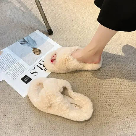 2024新款春秋季韩版居家室内毛毛拖鞋女防滑交叉一字拖外穿ins潮商品大图