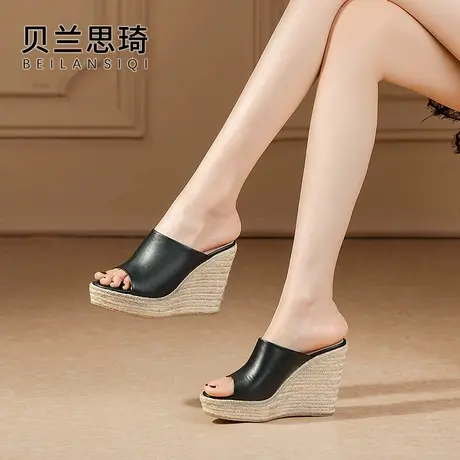 真皮外穿厚底草编坡跟拖鞋女2023夏季新款防水台鱼嘴高跟凉拖鞋图片