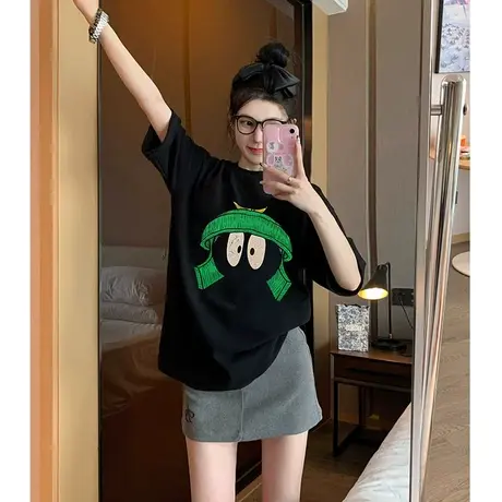 黑色短袖t恤女新款夏季大码胖mm休闲宽松半袖正肩体恤上衣2-300斤商品大图