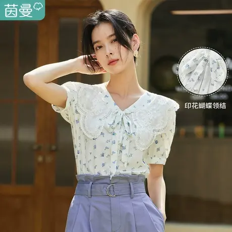 茵曼蕾丝花边衬衫女士2023夏季新款印花显瘦提花雪纺泡泡短袖衬衣商品大图