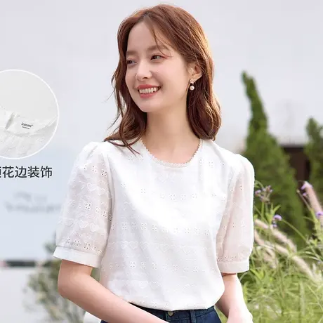 茵曼拼接提花短袖衬衫女夏季花边圆领显瘦气质灯笼袖衬衣商品大图