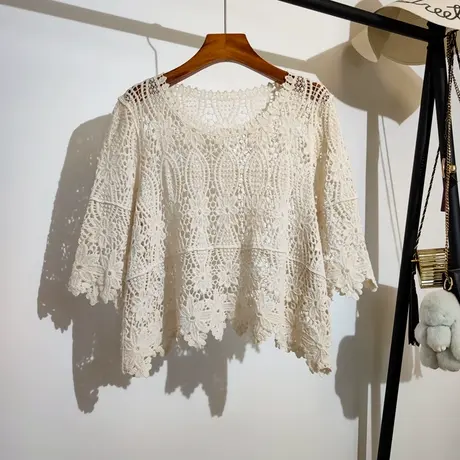 钩花镂空针织衫女夏季新款吊带裙子外搭宽松休闲半袖防晒上衣罩衫商品大图
