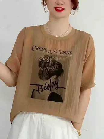 夏季圆领纯色美女印花t恤时尚遮肉减龄洋气气质百搭短袖T恤小衫潮商品大图