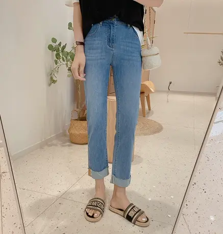 宽松直筒牛仔裤女2023夏季新款高腰弹力显瘦显高阔腿卷边九分裤子商品大图