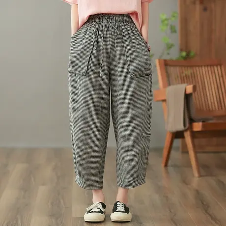 dza 高腰显瘦亚麻休闲裤女2023夏千鸟格九分直筒裤宽松棉麻哈伦裤图片