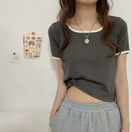 露脐上衣早春夏季2023年新款撞色修身显瘦短款设计感短袖T恤女装商品大图