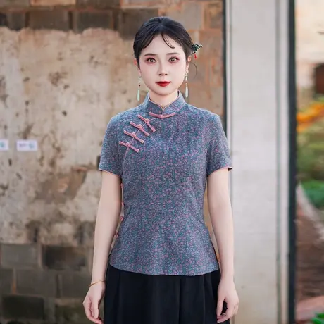 筠雅夏季新款国风盘扣唐装上衣女中式改良复古气质女士短袖25J122商品大图