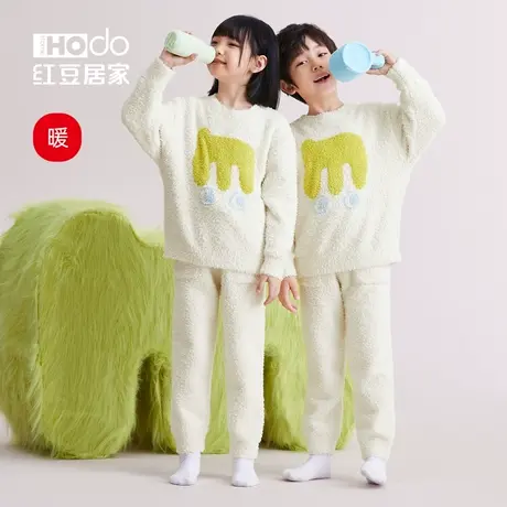 红豆【暖暖绒】儿童睡衣女秋冬半边绒可爱男童亲子珊瑚绒家居服厚商品大图