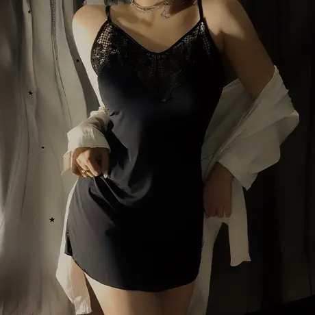 夏季性感诱惑情调火辣蕾丝睡衣女士薄款透明透视吊带睡裙内衣黑色商品大图