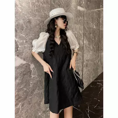爵莱菲赫本风V领连衣裙女夏欧洲站高端欧货气质减龄黑色大码胖mm图片