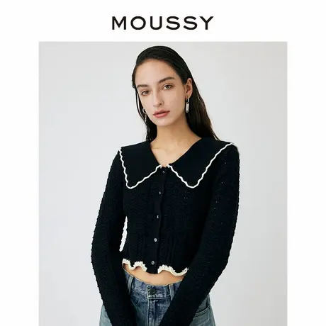 MOUSSY 新品学院风海军领花边镂空波浪下摆针织开衫010HS270-0410商品大图