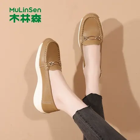木林森乐福鞋女2025夏季新款简约百搭浅口豆豆鞋真皮一脚蹬妈妈鞋图片