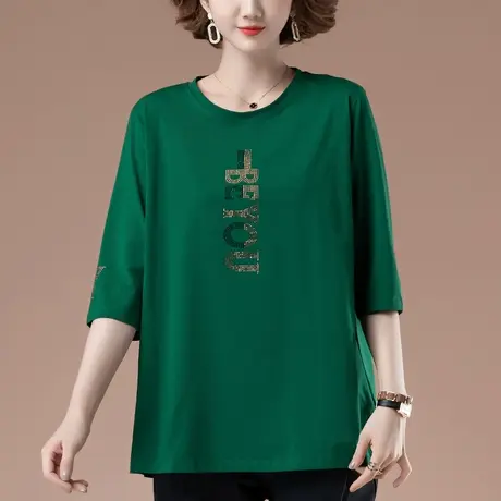 七分袖t恤女春秋新款加肥加大码女装宽松中年妈妈纯棉烫钻打底衫商品大图