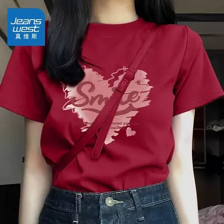 KV真维斯红色夏季女款上衣 韩系全棉高级纯棉潮短袖t恤女2025新款商品大图
