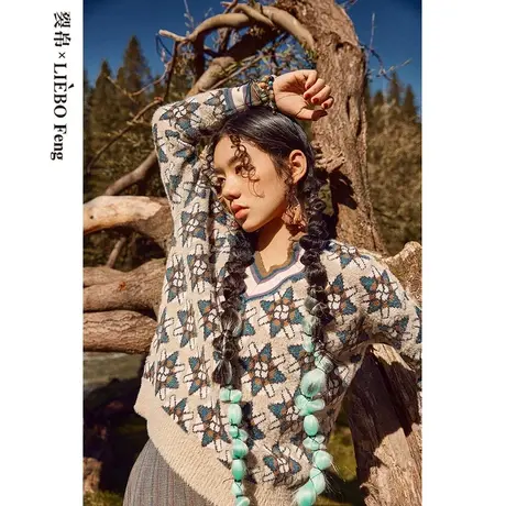 裂帛LIEBOFeng原创设计V领百搭复古菱形格提花慵懒民族风长袖毛衣商品大图