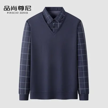 【华夫格】男士秋装上衣背心款双领假两件上衣中老年爸爸长袖T恤商品大图