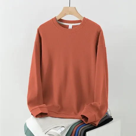 华夫格卫衣男潮流春秋款纯色无帽上衣服秋冬加绒加厚圆领长袖t恤商品大图
