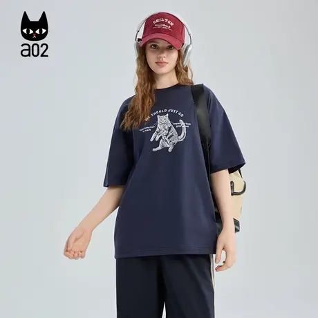 a02黑猫系列宽松圆领短袖T恤女2025新款秋季纯棉上衣学院通勤穿搭商品大图