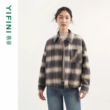 [专柜同款]Yifini/易菲纯棉格子宽松短款简约棉服外套女冬新商品大图