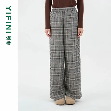 [专柜同款]Yifini/易菲木棉格纹高级感休闲裤阔腿裤女2025秋新款图片