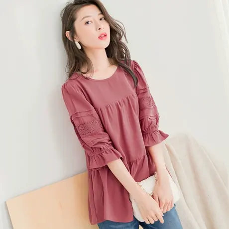 桔熊秋季复古雪纺衫宽松荷叶蕾丝镂空喇叭袖上衣女装大码AB13559商品大图