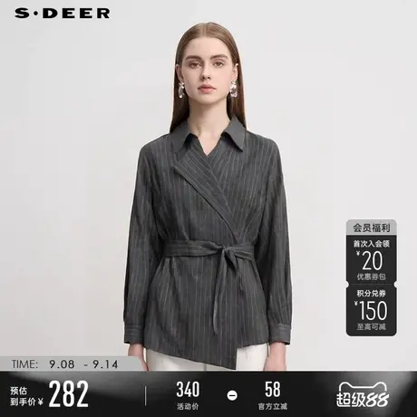 sdeer圣迪奥冬装女装OL风翻领收腰撞色格纹短款外套S234Z2206图片
