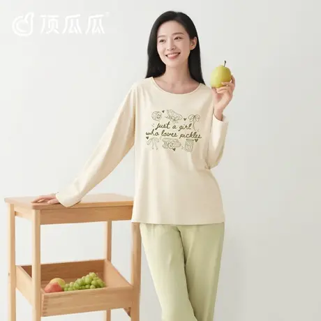 顶瓜瓜纯棉睡衣女士可外穿2025秋冬女绿色圆领长袖长裤家居服套装商品大图