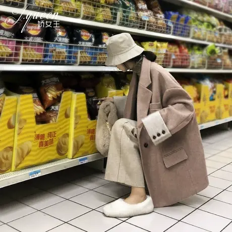 毛呢西装外套女秋冬加厚保暖韩版复古百搭网红呢子外套短款大衣潮商品大图