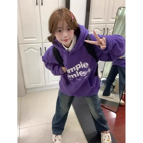 连帽紫色卫衣女2023新款爆款秋冬加绒加厚宽松韩系慵懒风上衣外套图片