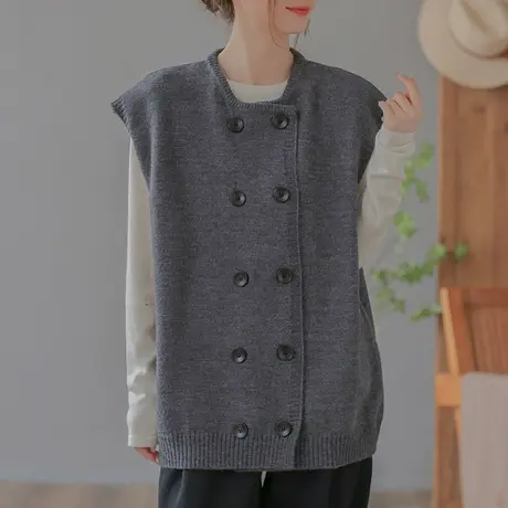dza 复古双排扣针织马甲背心女春秋新款宽松外搭上衣休闲毛衣马夹图片