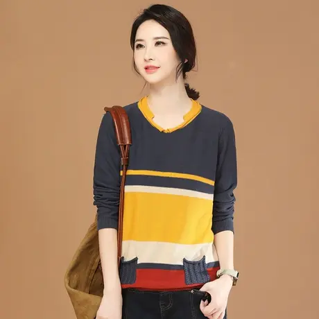 韩潮袭人韩版撞色条纹长袖针织衫女2023冬季新款圆领毛衣打底上衣商品大图