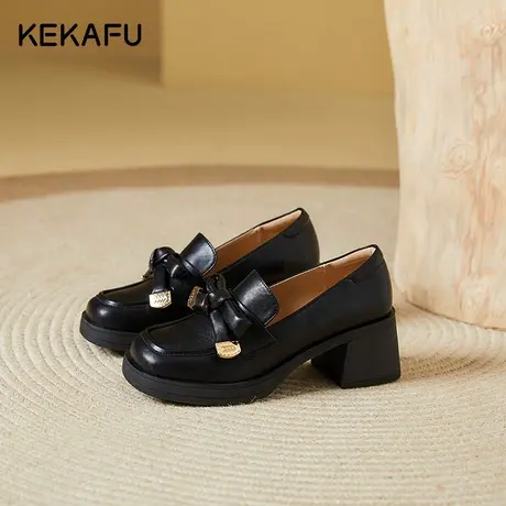 珂卡芙厚底乐福鞋女一脚蹬2023年春季新款英伦风小皮鞋粗跟高跟鞋图片