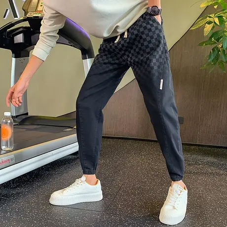 牛仔裤秋季潮牌新款渐变棋盘格设计感束脚休闲裤宽松痞帅哈伦长裤商品大图