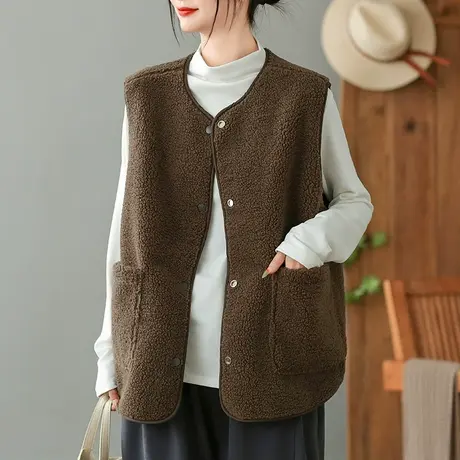 dza复古宽松V领羊羔绒马甲女士秋冬内搭叠穿上衣宽松休闲工字马夹商品大图