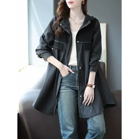 宝诗黎连帽拼接中长款拉链开衫上衣女春秋长袖休闲外套2023年新款商品大图