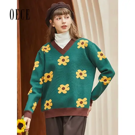 【买1送1】Oece冬装新款太阳花复古提花针织衫秋减龄V领长袖毛衣商品大图