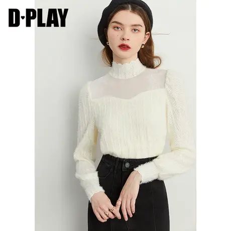 DPLAY【惠品】2023秋新奶油杏网纱透视拼接蓬松绒感蕾丝加绒小衫商品大图