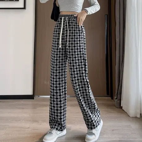 唐狮菱形格裤子女士秋冬拖地裤垂感显瘦小个子显高长裤宽松阔腿裤图片