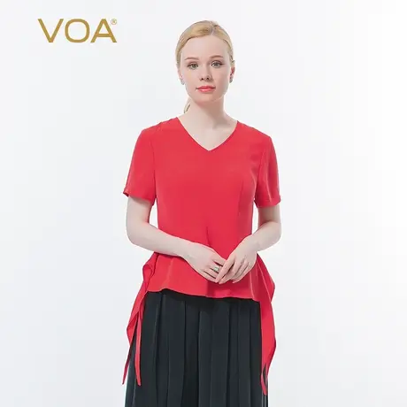 VOA真丝重磅30姆米梦想红鸡心领短袖纯色简约燕尾百搭桑蚕丝T恤衫图片