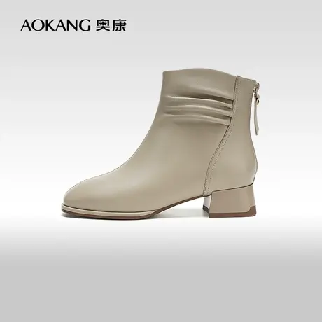 【门店发货】奥康女鞋 冬季新款真皮褶皱时装靴通勤粗跟短靴商品大图