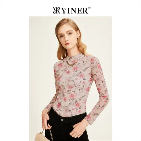 *YINER音儿女装冬季法式印花圆领桃红针织衫套头商品大图