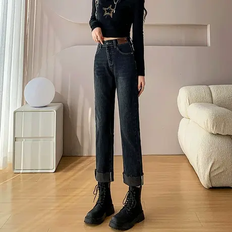 加绒直筒牛仔裤女2023新款高腰显瘦小个子宽松薄绒九分卷边烟管裤商品大图