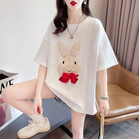 小众设计感短袖t恤女夏季韩版宽松大码女装中长款可爱兔子上衣服图片