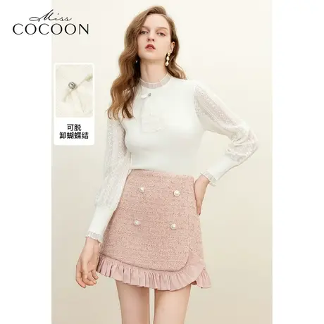 MISSCOCOON木耳边领上衣2023冬季新女镂空针织蕾丝蝴蝶结毛针织衫商品大图