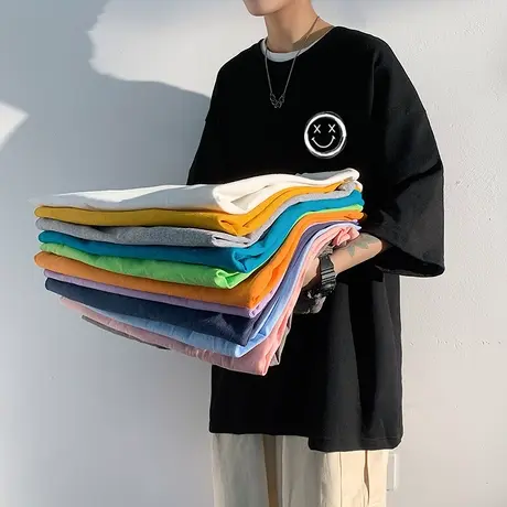 笑脸印花短袖t恤男夏季潮牌纯棉情侣衣服宽松ins潮流百搭圆领半袖商品大图