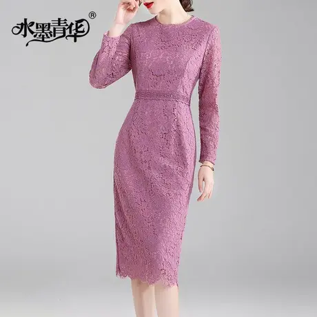 水墨青华冬季新品连身裙修身裙子气质蕾丝裙优雅收腰连衣裙女图片