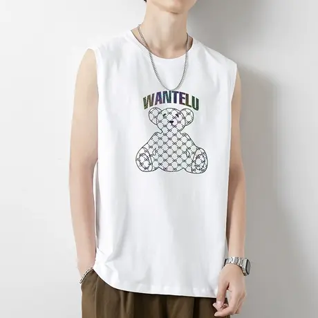 2024新款纯棉背心男士夏季薄款小熊白色无袖t恤健身篮球运动坎肩商品大图