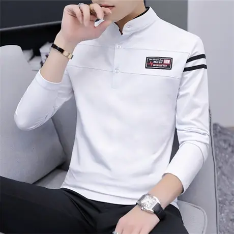 春秋季新款男士长袖t恤立领polo衫韩版潮流棉感体恤上衣服打底衫商品大图
