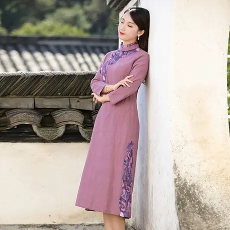 筠雅改良旗袍2022年新款年轻款小个子粉色复古长款中国风裙子商品大图