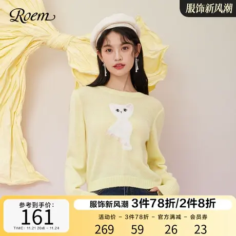 Roem秋冬商场同款低圆领Roobie针织衫女可爱猫咪套头短款长袖上衣图片